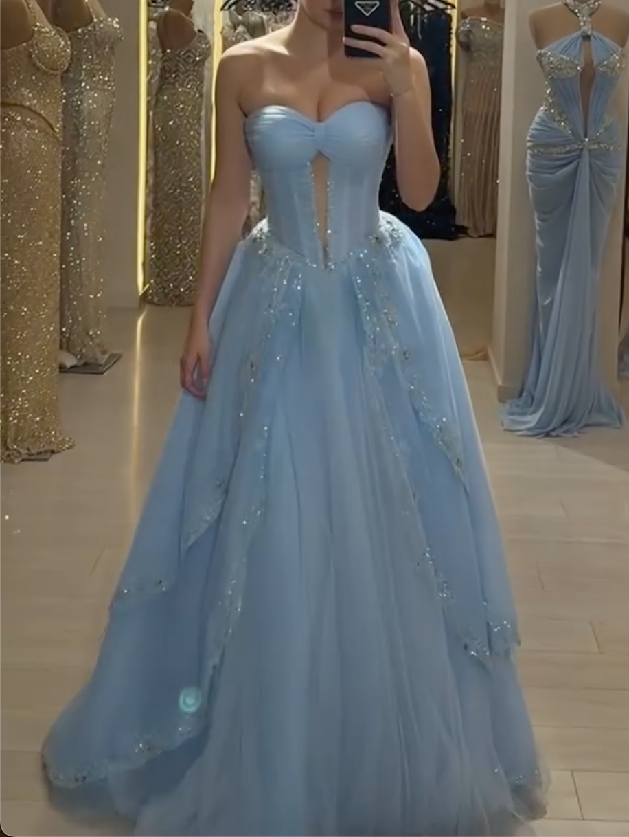 Light Blue Strapless Sweetheart Ball Gown - Tulle Prom Dress with Sparkly Lace Trim