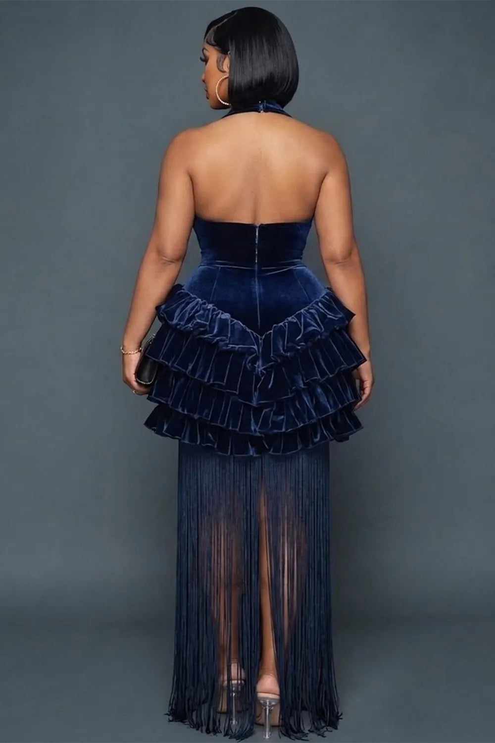Halter Cut Out Tiered Ruffle Long Fringe Gowns Maxi Dresses-Blue [Pre Order]