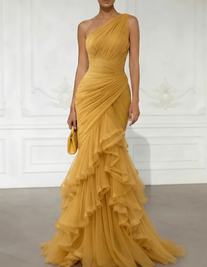 Blush One-Shoulder Ruched Tulle Ruffle Gown – Romantic Formal Elegance