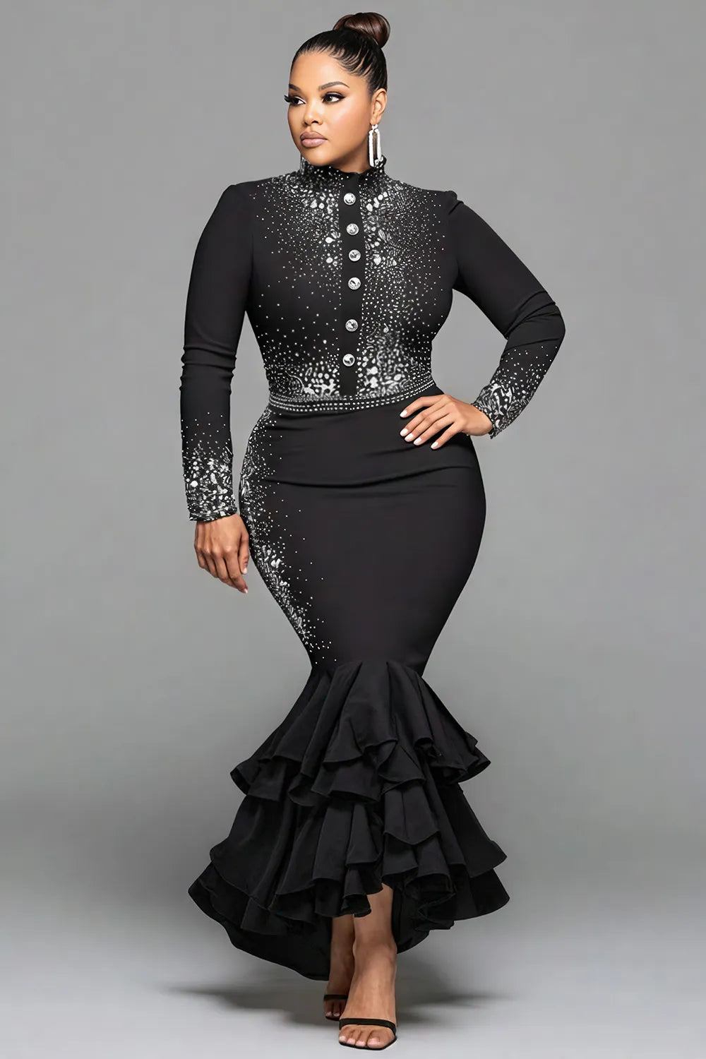Business Casual Black Mock Neck Long Sleeve Mermaid Elegant Drilling Two Piece Skirt Sets