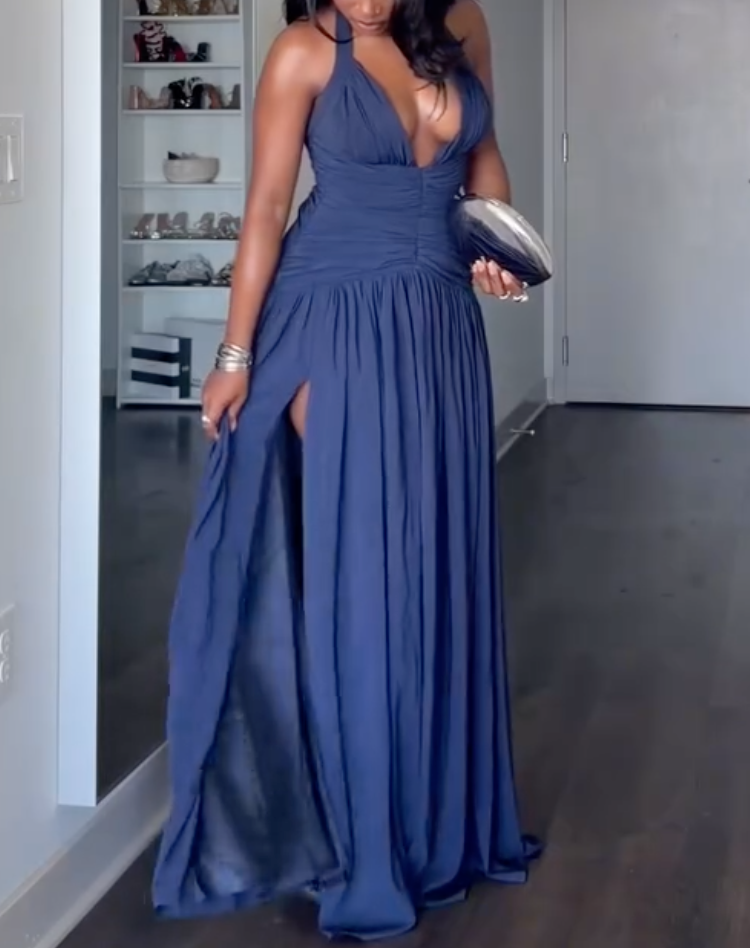 Navy Blue Halter Neck Deep V Ruched Waist High Slit Flowy Chiffon Maxi Formal Evening Prom Gala Gown