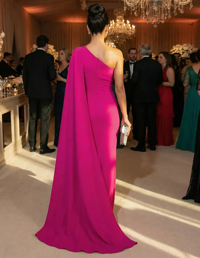 Rose Pink One Shoulder Fishtail Shawl Maxi Dress