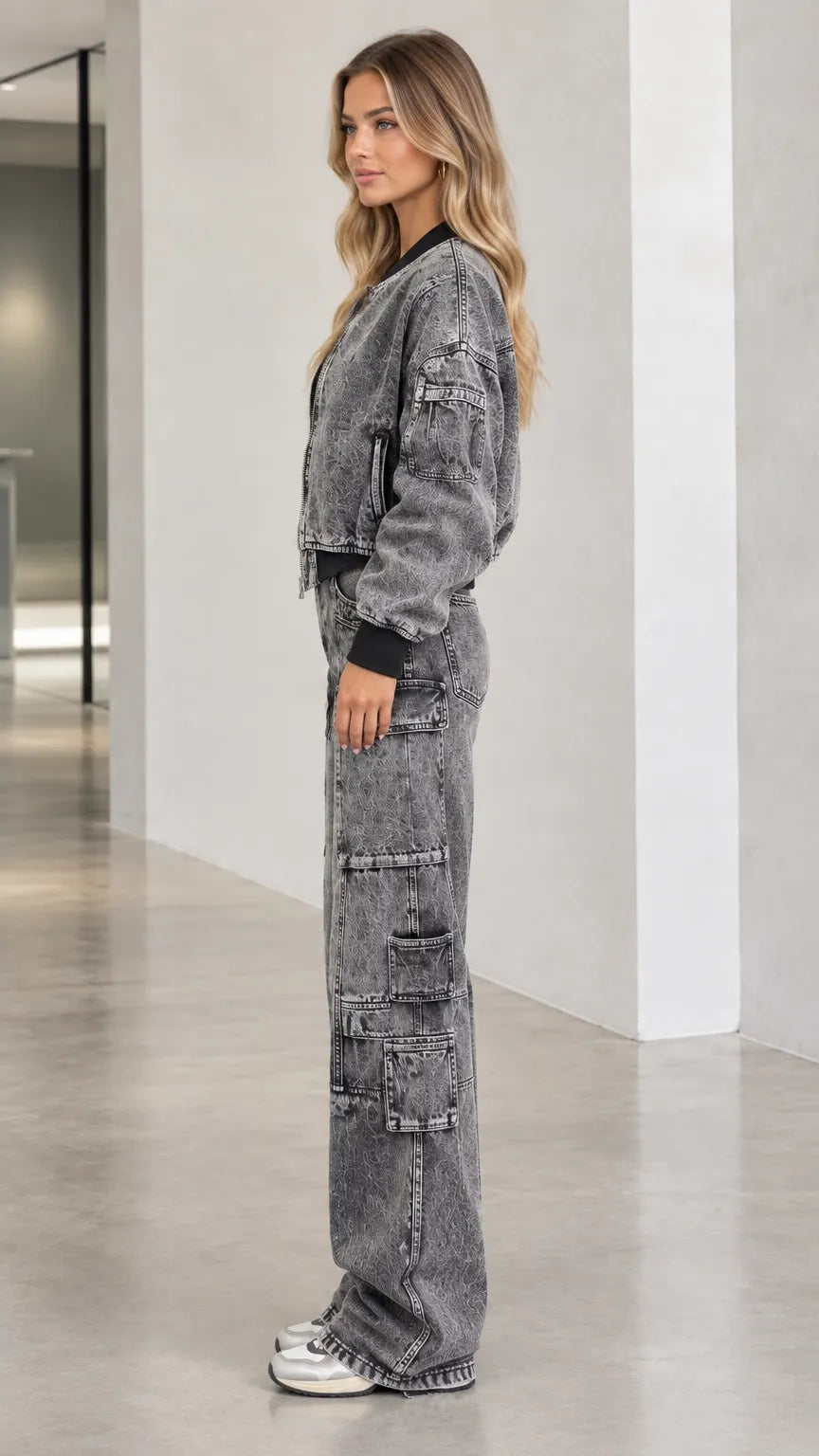 Washed Denim Bomber Jacket and Wide Leg Cargo Pants Two-Piece Set