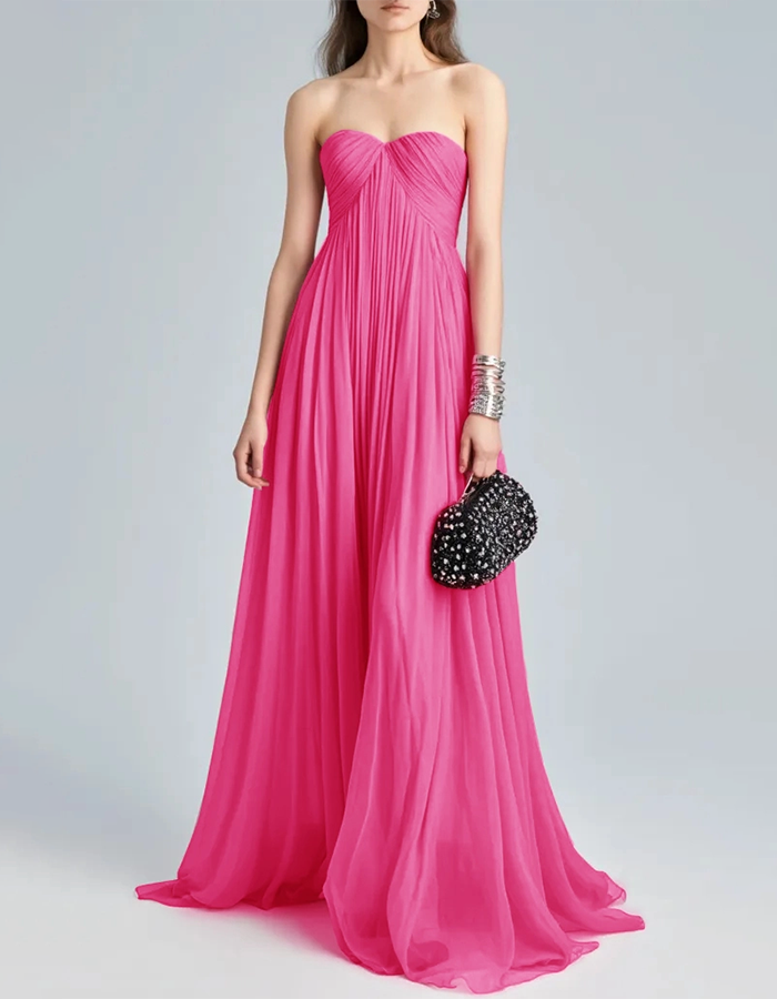 Strapless Pleated Chiffon Maxi Dress