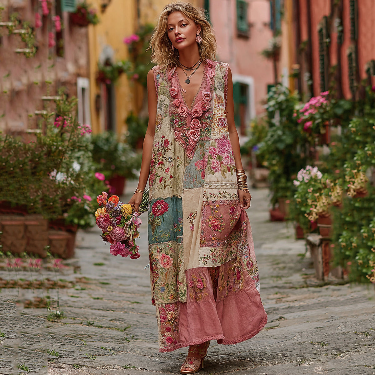 Women's Vintage Bohemian Floral And Rose Patchwork Linen Dress