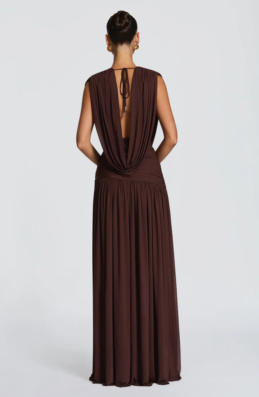 Chocolate Brown Sleeveless Maxi Dress with Cowl Back & High Slit