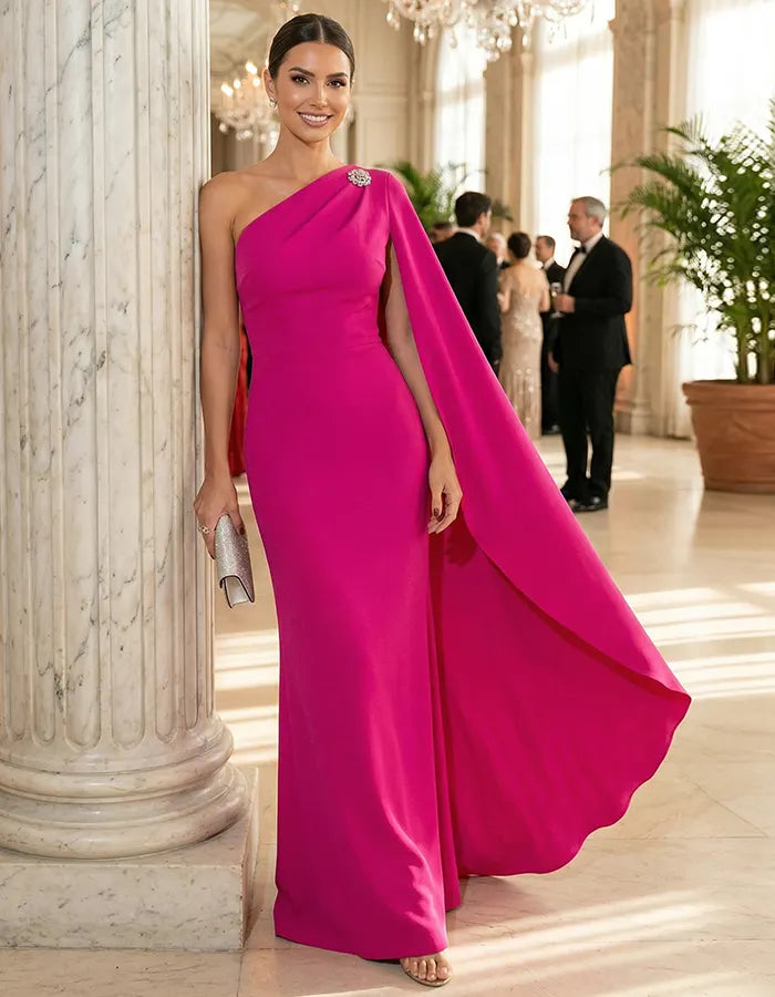 Rose Pink One Shoulder Fishtail Shawl Maxi Dress