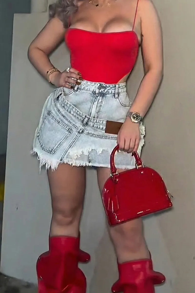 Women‘s Fashion Panel Washed Denim Skirt
