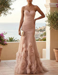 Flesh Pink Chiffon Strapless Ruched Tulle Mermaid Maxi Dress
