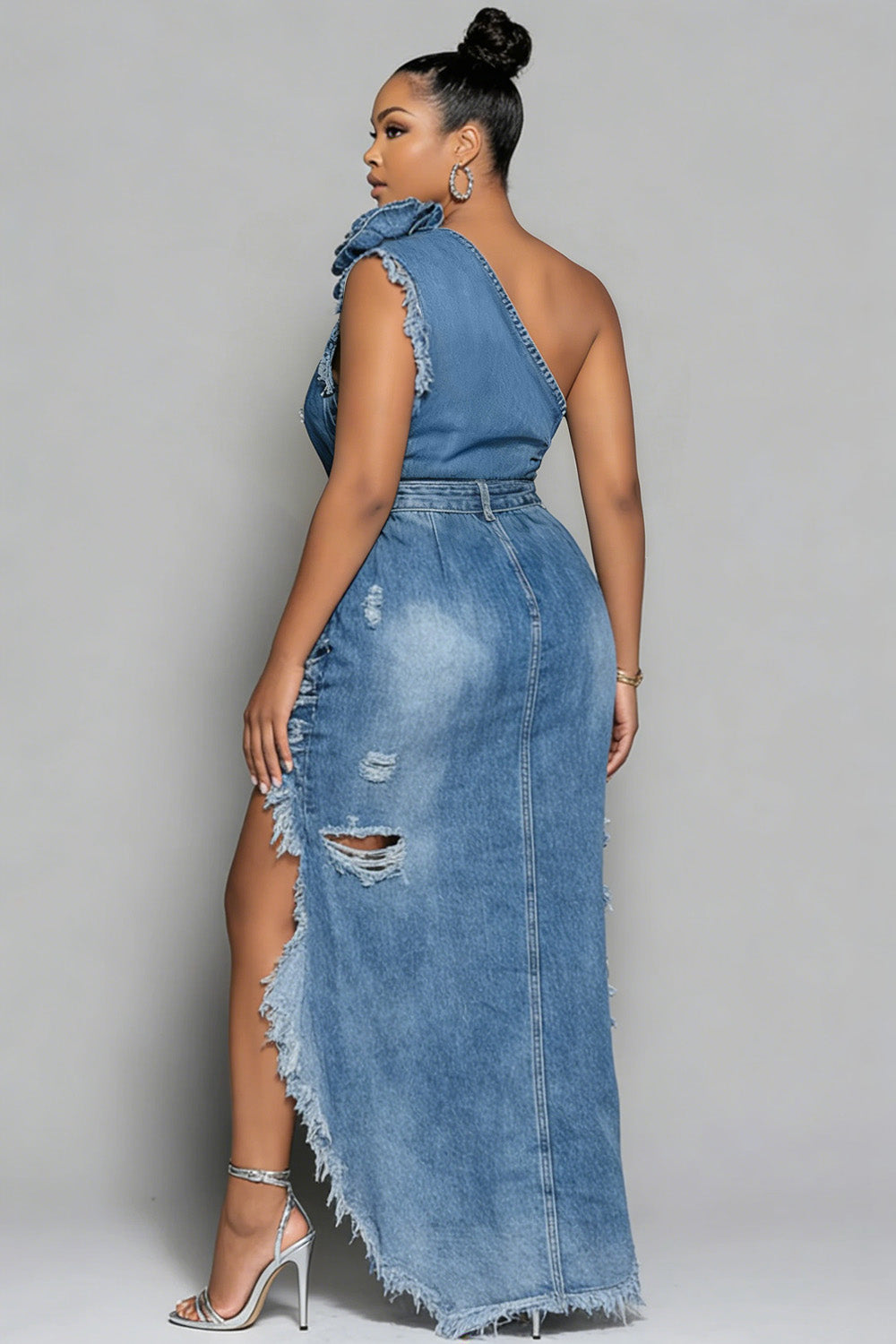 Xpluswear Design Plus Size Party Blue One Shoulder 3D Distressed Denim Two Pieces Skirt Sets