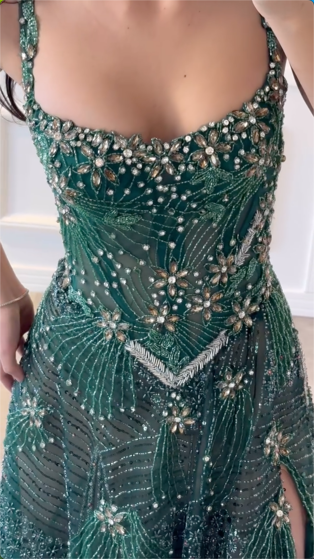 Multi-Color Floral Crystal Beaded Spaghetti Strap High Split Tulle Maxi Evening Dress, Formal Prom Pageant Gown