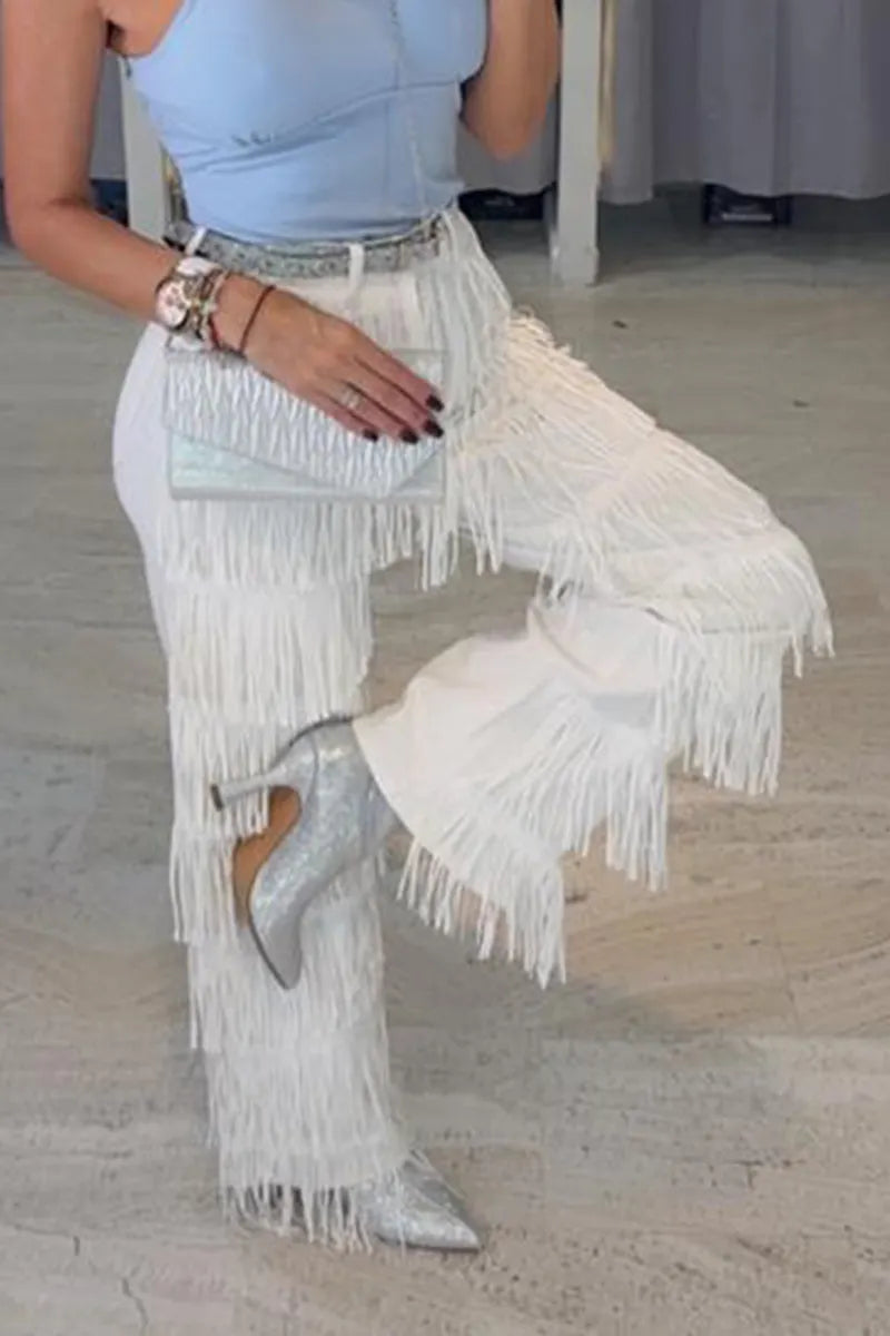 Women's Fashion Wide-Leg Fringe Trim Pants