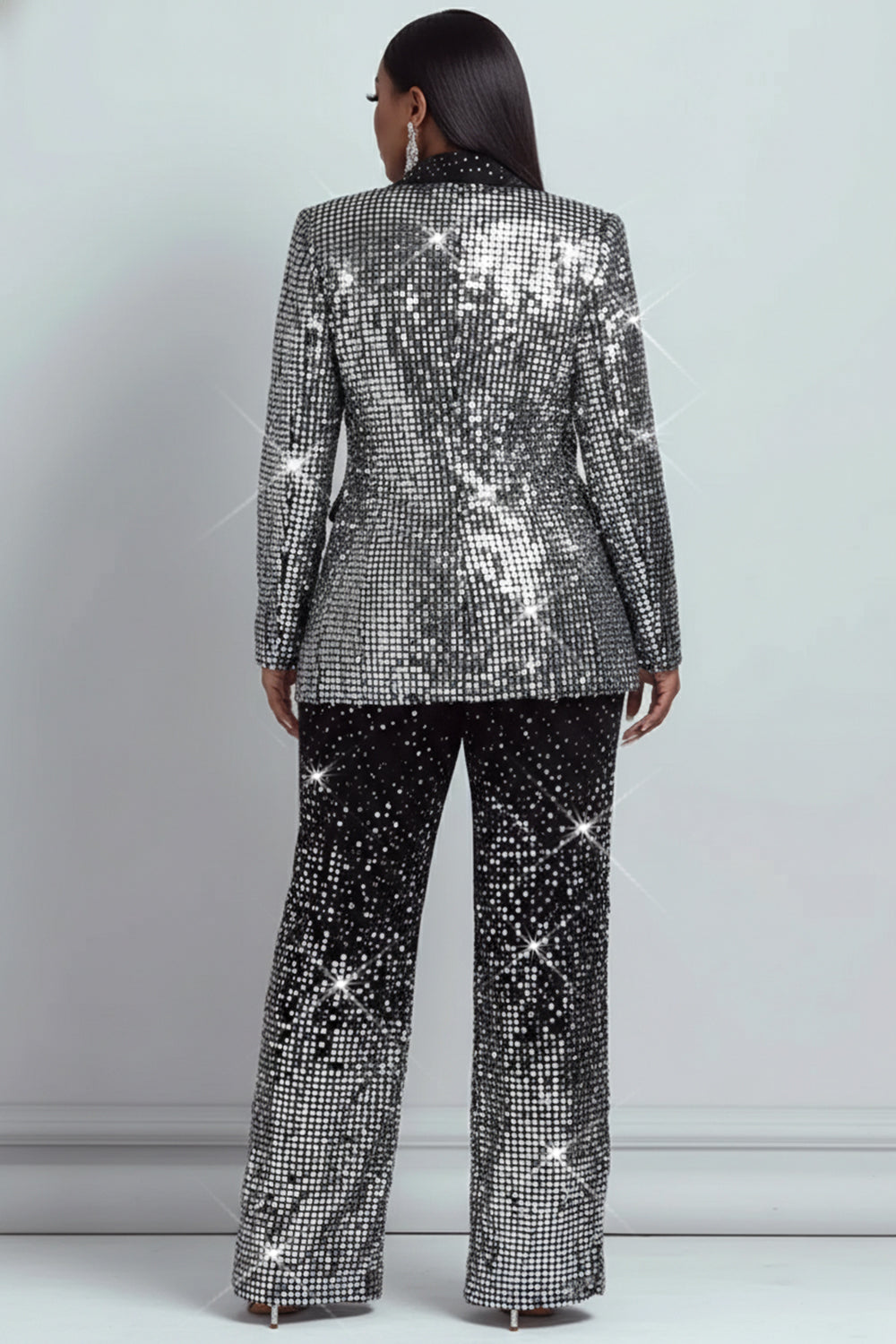 Silver Graphic Lapel Collar Long Sleeve Pocket Two Piece Pant Suits