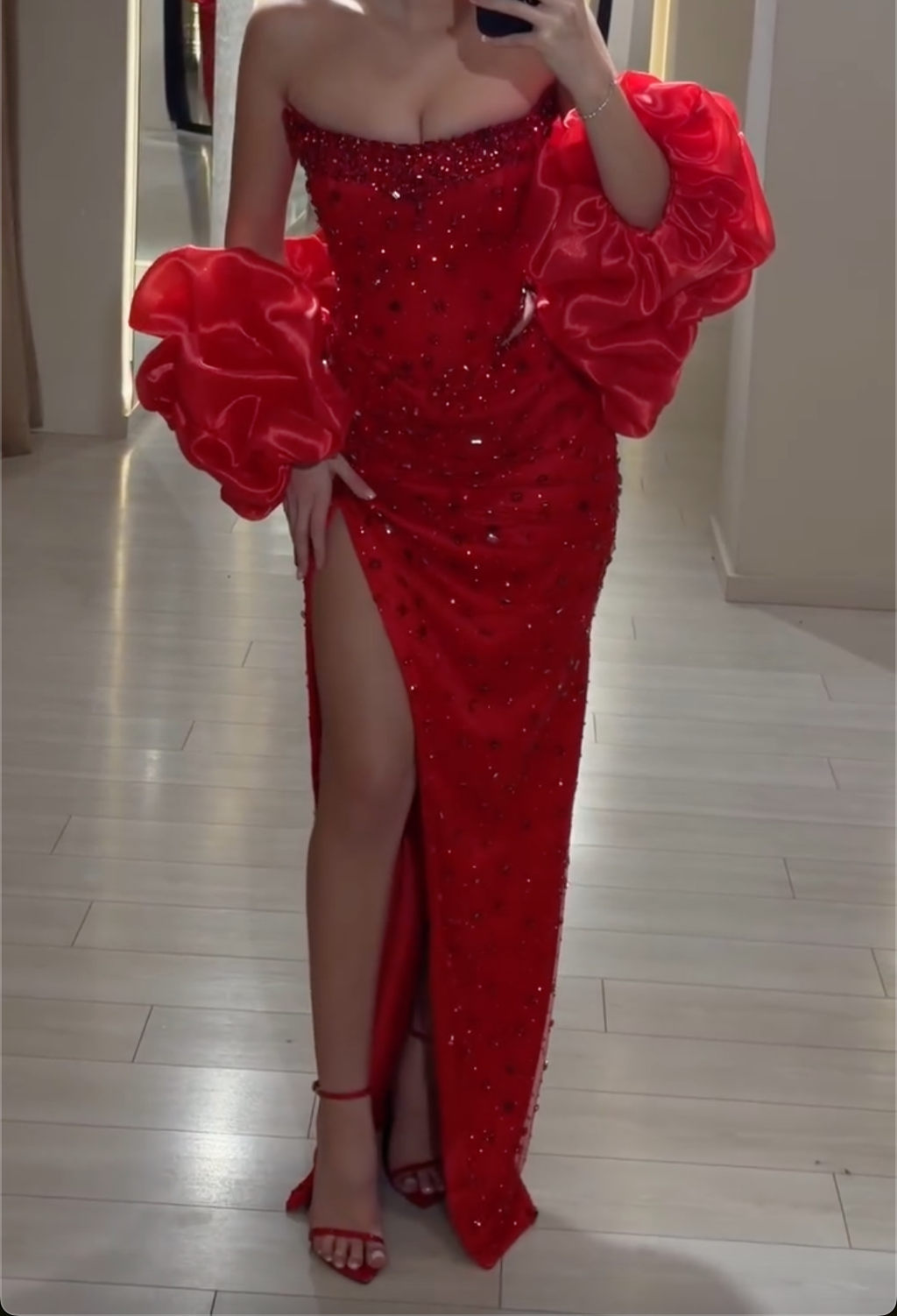 Red Strapless Beaded Maxi Dress with High Slit