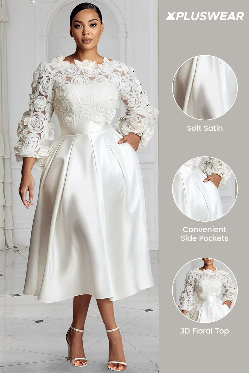 Wedding White Round Neck 3/4 Sleeve 3D Elegant Pocket Satin Midi Dresses