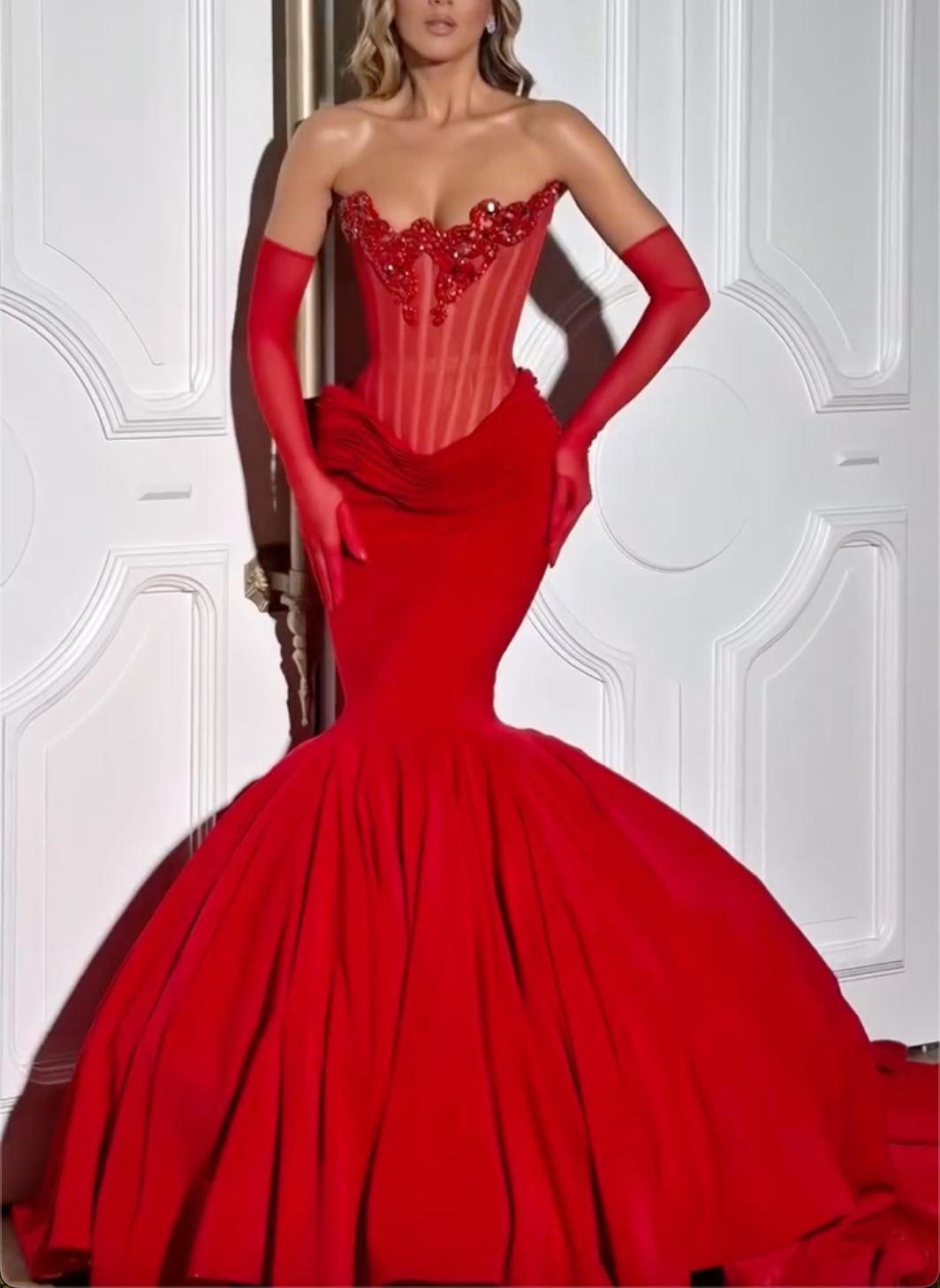 Red Strapless Crystal Beaded Sheer Corset Mermaid Maxi Dress with Oversized Train