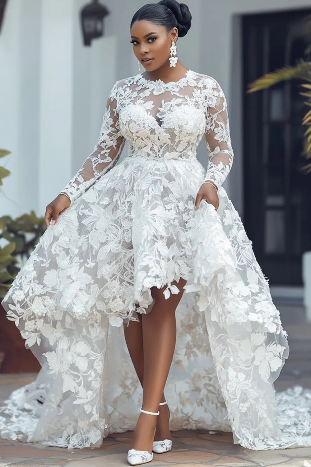 Wedding White Round Neck Long Sleeve See Through High Low Hem Guipure Lace Midi Dresses