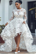 Wedding White Round Neck Long Sleeve See Through High Low Hem Guipure Lace Midi Dresses