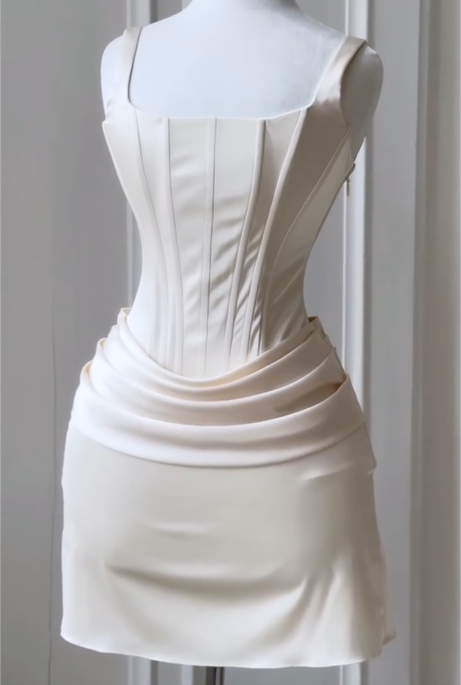 Square Neck Corset Ruched Satin Dress, Mini & Maxi Length, Blush Pink / Cream / Pale Yellow / Light Blue / Wine Red Evening Party Gown