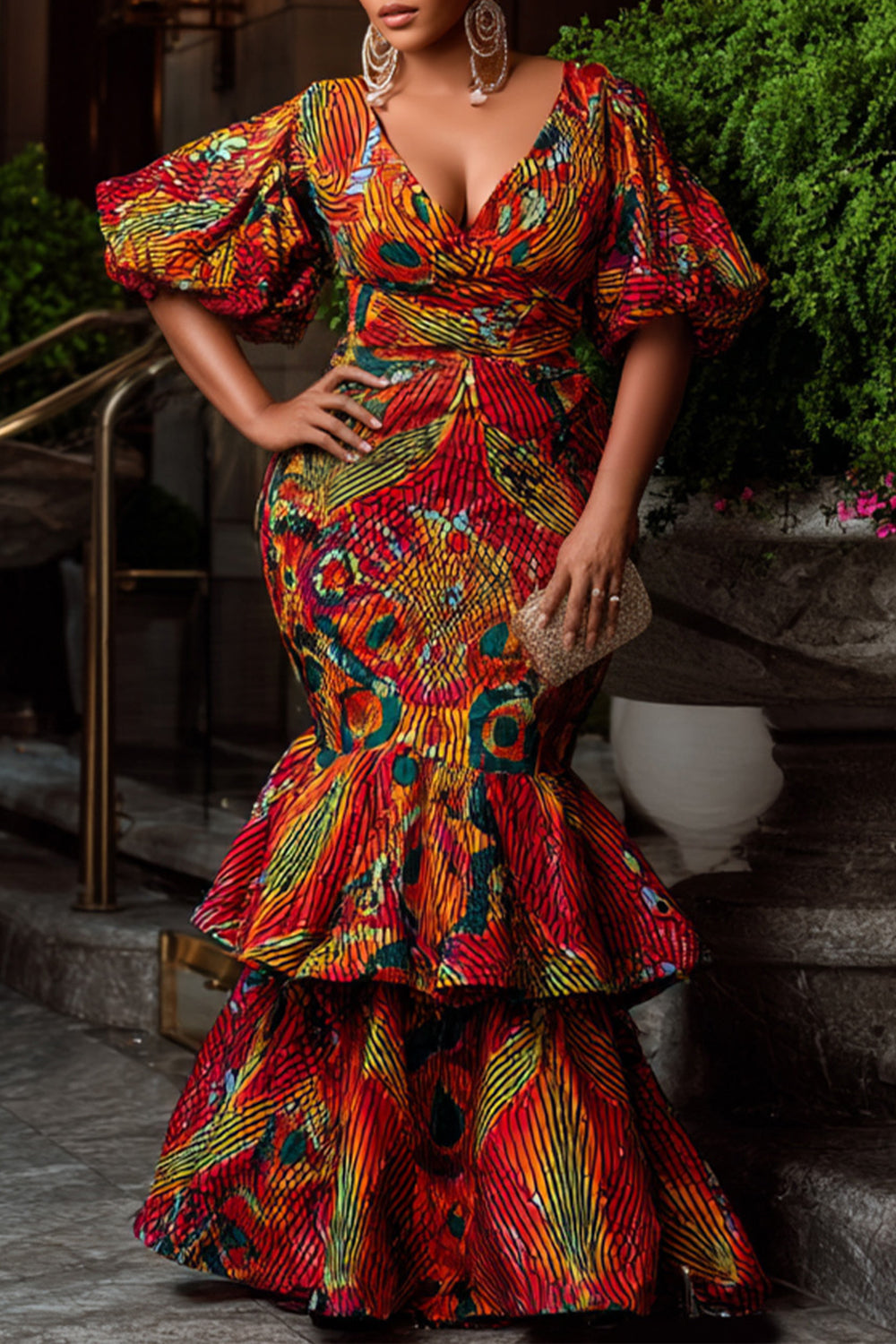 Mother Of The Bride Multicolor Ankara Wrap Neck Puff Sleeve Short Sleeve Ruffle Mermaid Maxi Dresses