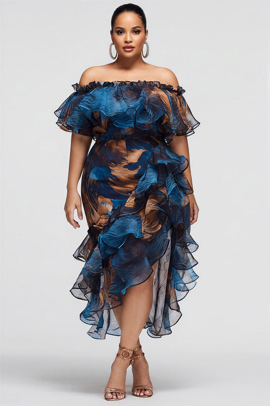 Cocktail Party Blue Graphic Off The Shoulder Ruffle Tiered Chiffon Midi Dresses