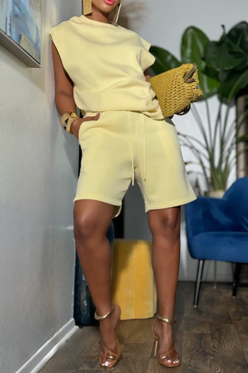 Plus Size Business Casual Yellow Round Neck Ruched Two Piece Short Sets