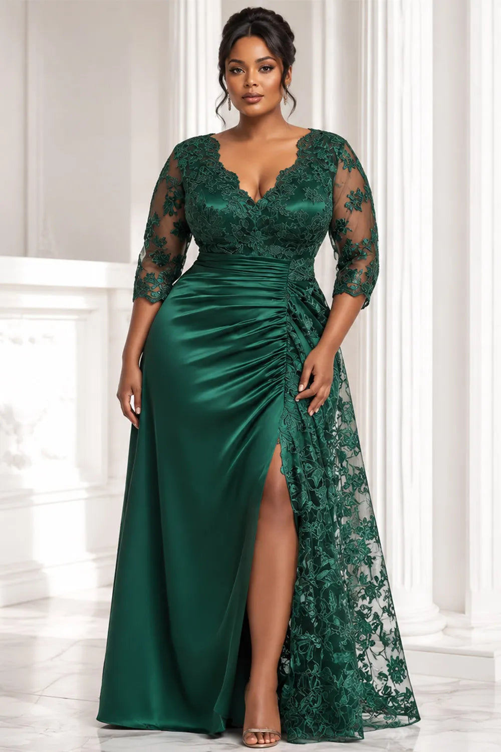 Satin Emerald Green V Neck 3/4 Sleeve Split Contrast Lace Maxi Dresses [Pre-Order]
