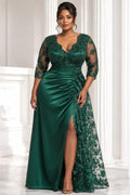Satin Emerald Green V Neck 3/4 Sleeve Split Contrast Lace Maxi Dresses [Pre-Order]