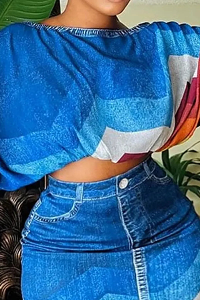Women's Casual Patterned Denim Jacket & Casual Denim Skirt