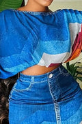 Women's Casual Patterned Denim Jacket & Casual Denim Skirt