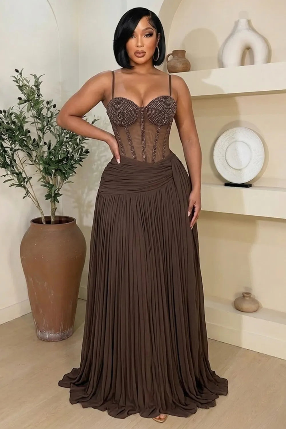 Cami Neck Rhinestone Mesh Patchwork Ruched Maxi Dresses-Brown [Pre Order]