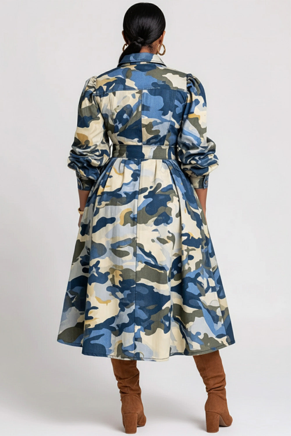 Daily Light Blue Camo Shirt Collar Puff Sleeve Long Sleeve Pocket Casual Midi Dresses