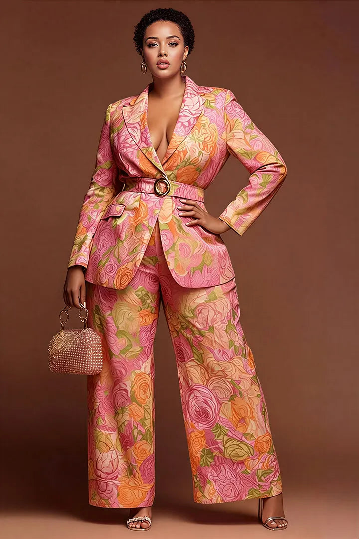 Pink Floral Turndown Collar Long Sleeve Pocket Satin Two Piece Pant Suits