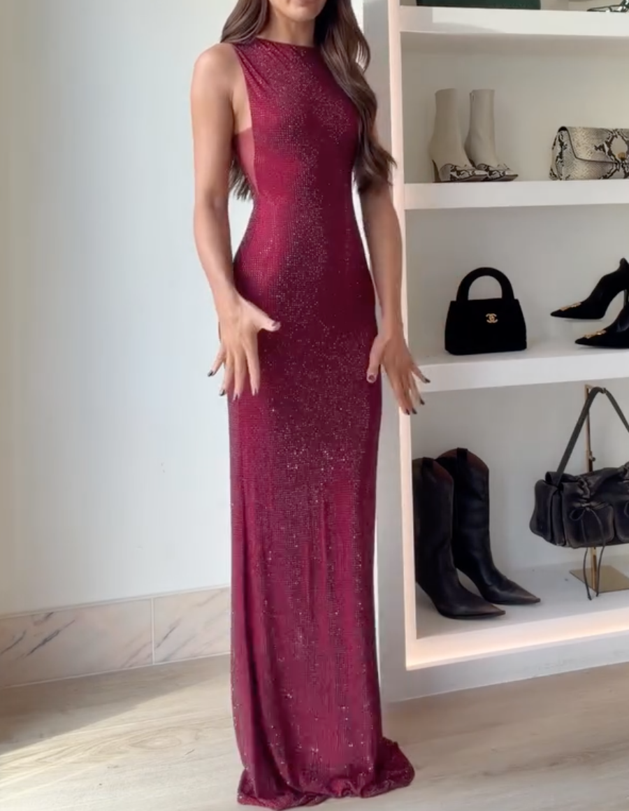 Burgundy Rhinestone Halter Maxi Dress with Open Back & Side Split