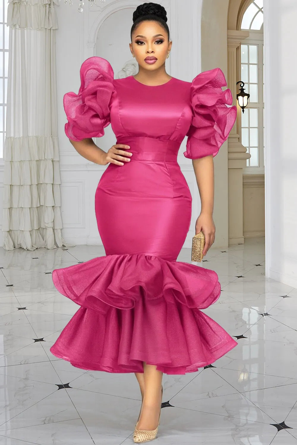 Wedding Guest Tulle Hot Pink Round Neck Short Sleeve Ruffle Tiered Satin Midi Dresses