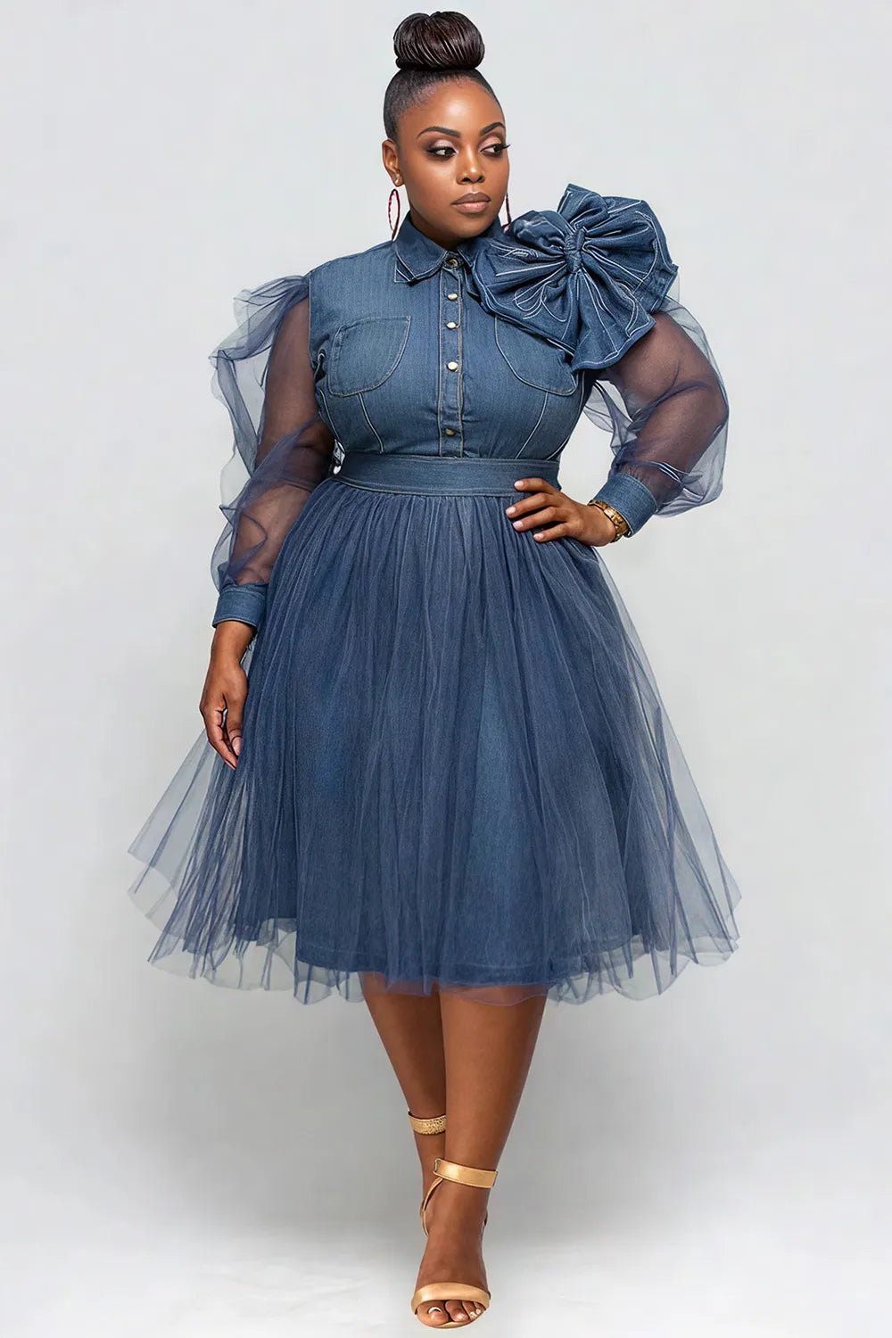 Xpluswear Design Plus Size Semi Formal Tulle Blue Shirt Collar Long Sleeve 3D Elegant See Through Denim Midi Dresses