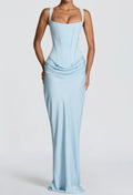 Light Blue Satin Square Neck Corset Maxi Dress - Elegant Formal Evening Gown
