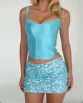 Light Blue Satin Lace Corset Cami & Sequin Mini Skirt Two Piece Set, Club Party Matching Outfit