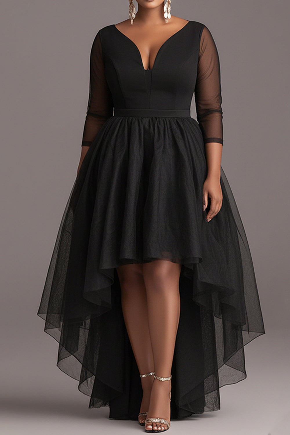 Party Black V Neck 3/4 Sleeve High Low Hem See Through Tulle Mini Dresses