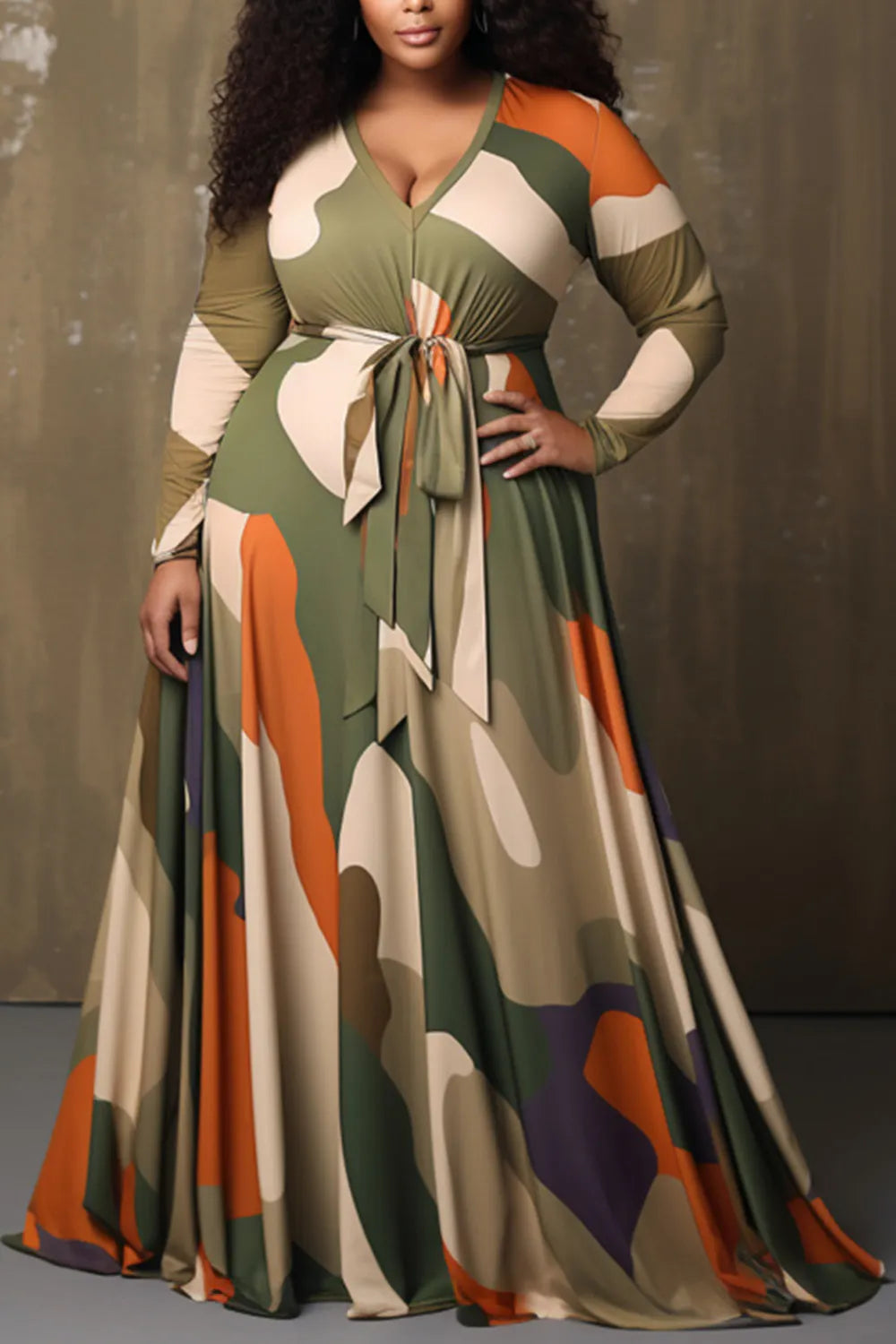 Daily Army Green Camo V Neck Long Sleeve Wrap Casual Pocket Maxi Dresses