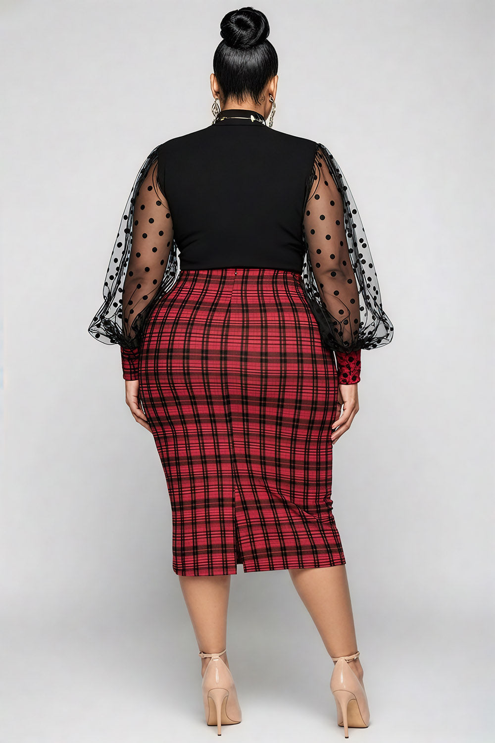 Christmas Black Plaid Round Neck Puff Sleeve Long Sleeve See Through Vintage Contrast Midi Dresses