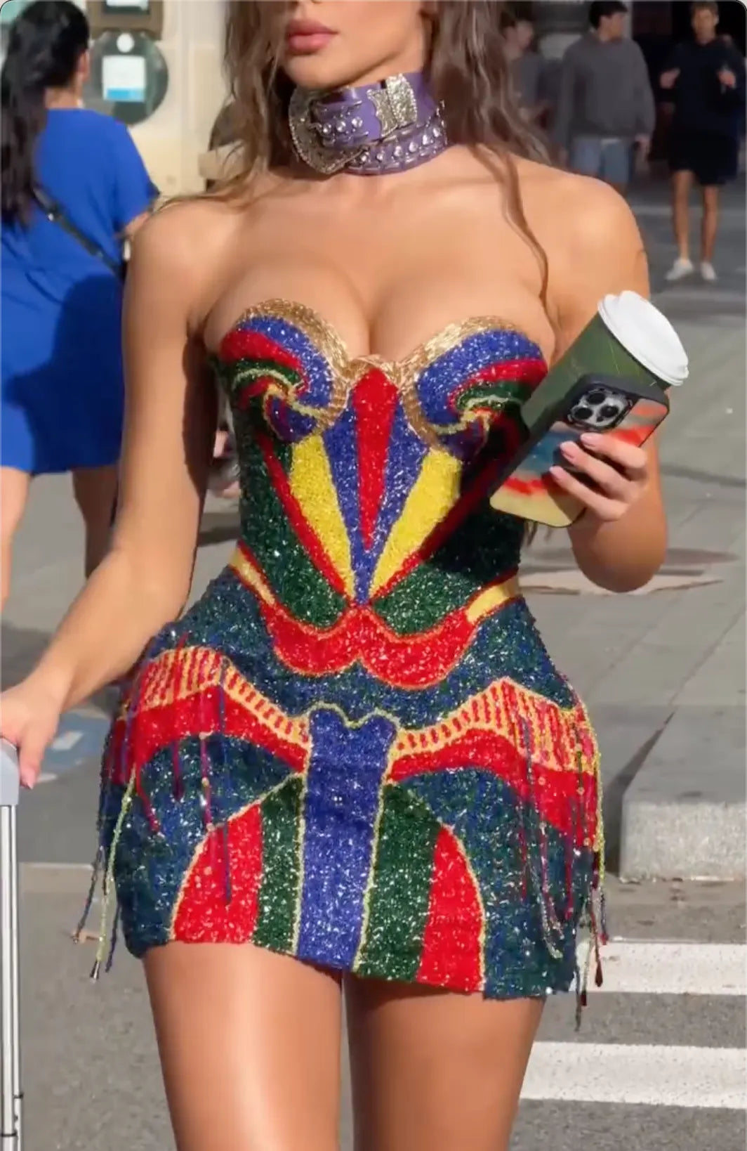 Rainbow Color Block Sequin Strapless Mini Dress