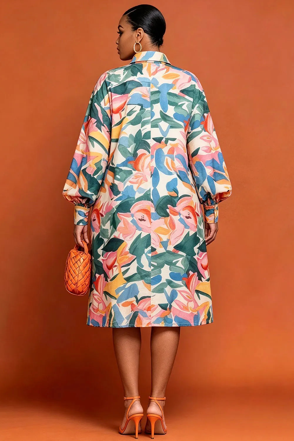 Business Casual Multicolor All Over Print Shirt Collar Long Sleeve Pocket Midi Dresses