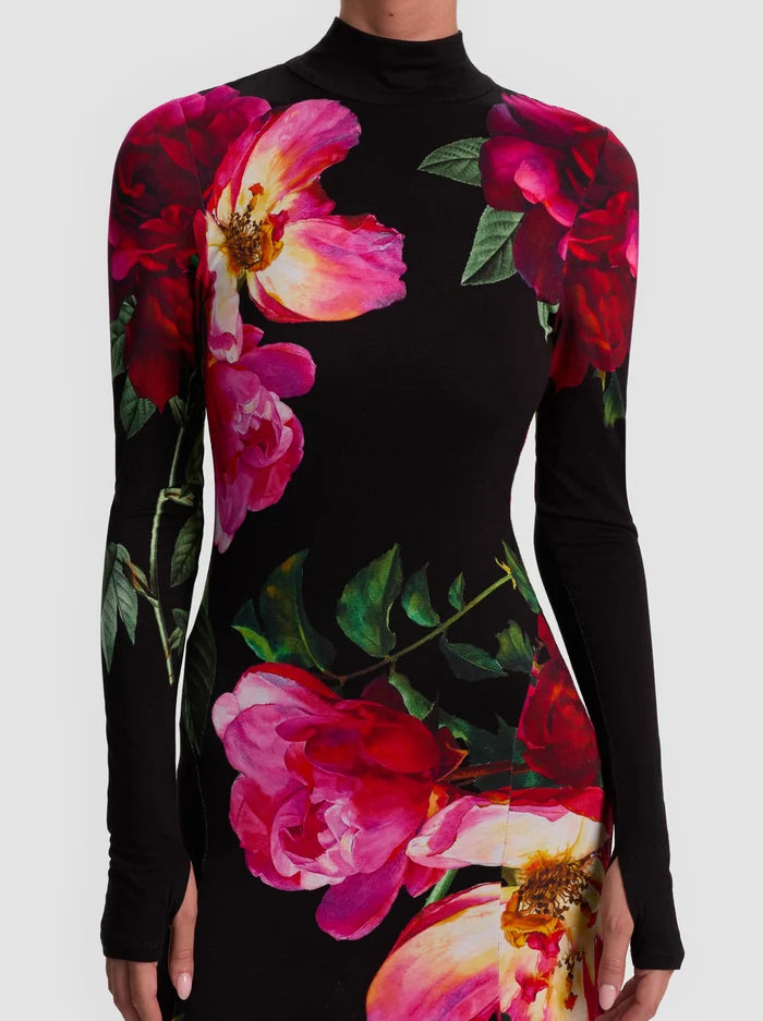 Black Floral Print Turtleneck Long Sleeve Maxi Dress with Mermaid Hem