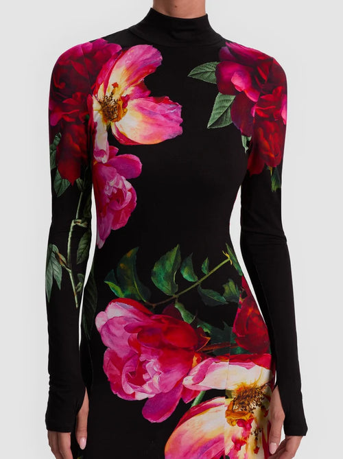 Black Floral Print Turtleneck Long Sleeve Maxi Dress with Mermaid Hem