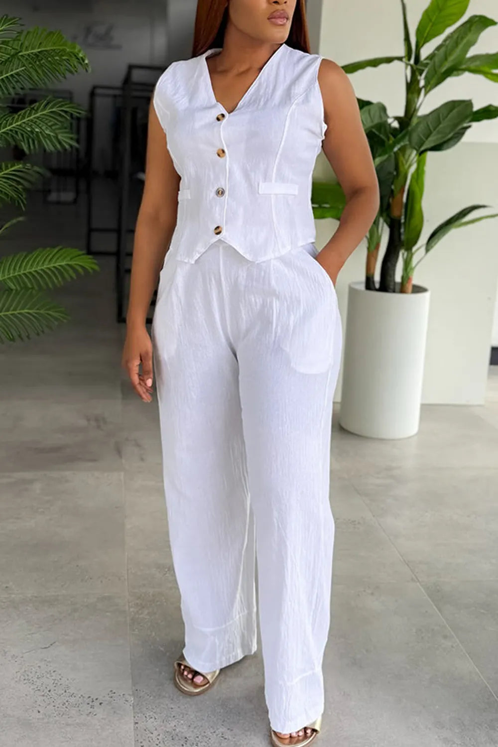 Plus Size Vacation White Casual Pocket Linen Two Piece Pant Sets