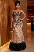 Polka Dot Print Strapless Mesh Feather Hem Maxi Dresses-Nude [Pre Order]