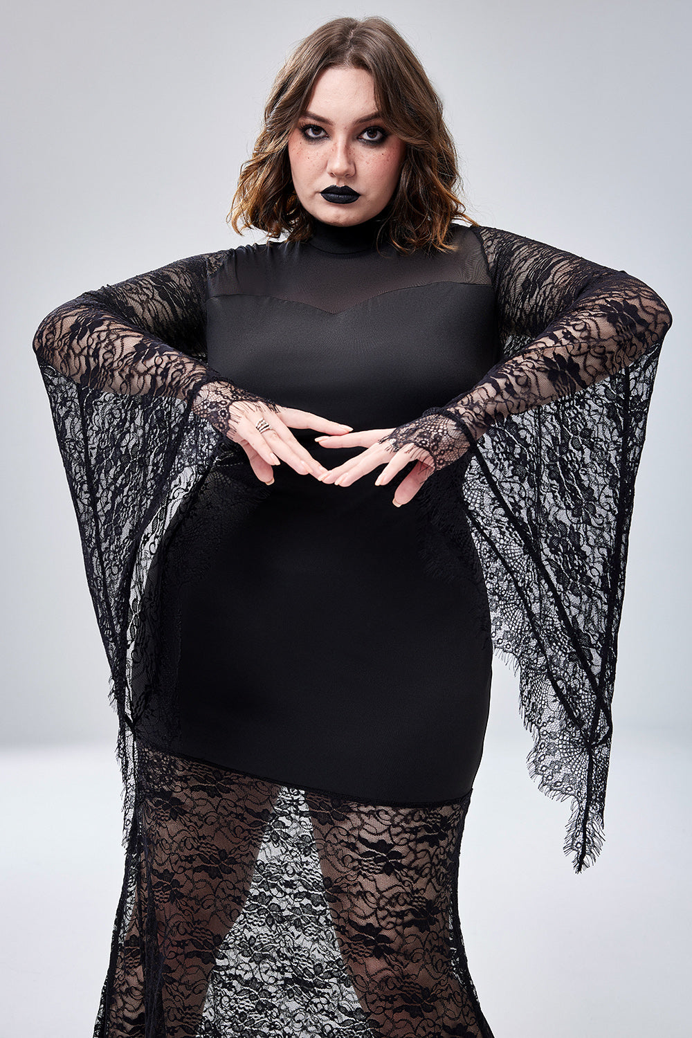 Halloween Costume Black Trumpet Sleeve Lace Maxi Dress(Ships 24h)