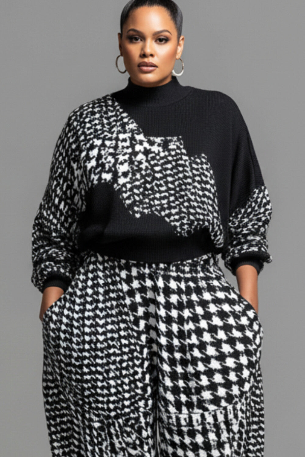Business Casual Grey Houndstooth Mock Neck Long Sleeve Pocket Casual Jogging Two Piece Pant Sets