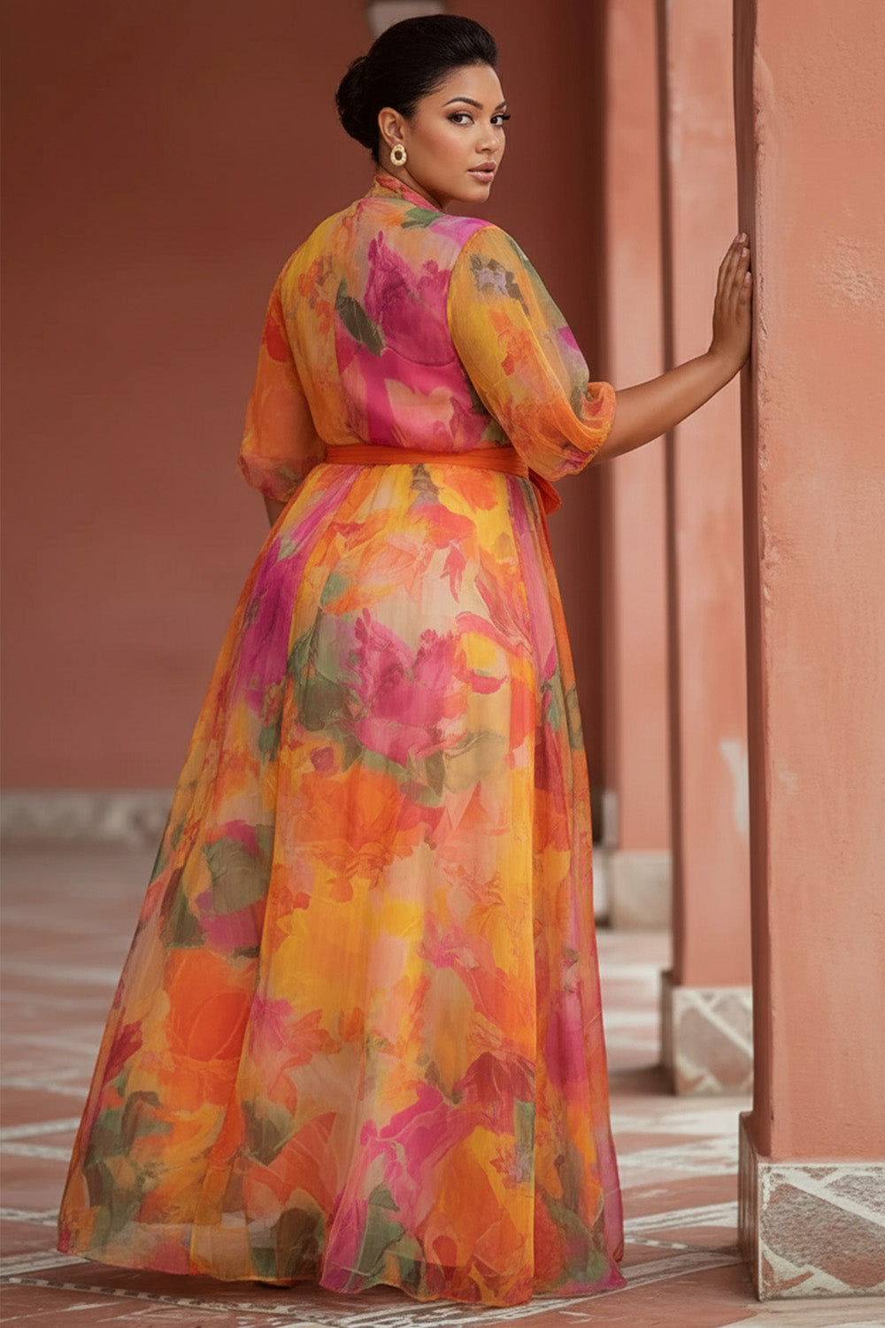 Wedding Guest Orange Floral Wrap Neck Short Sleeve Split Wrap Chiffon Maxi Dresses